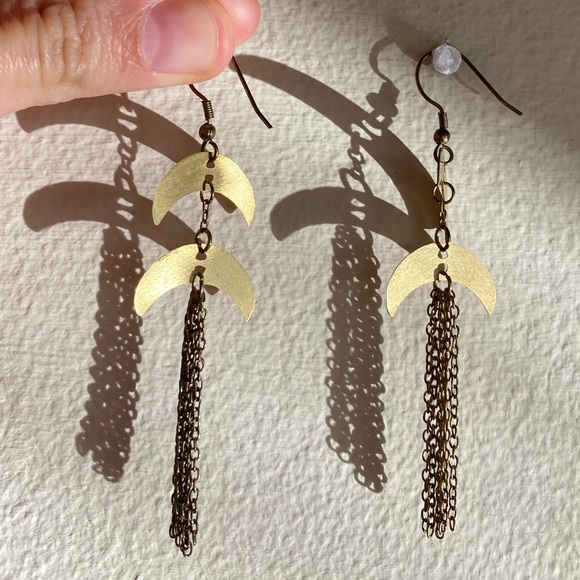 Artisan Jewelry - Crescent Moon Drop Brass Earrings; Lightweight